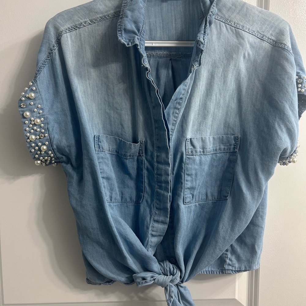 Pastels Blue Short Sleeve Crop Button Down Top